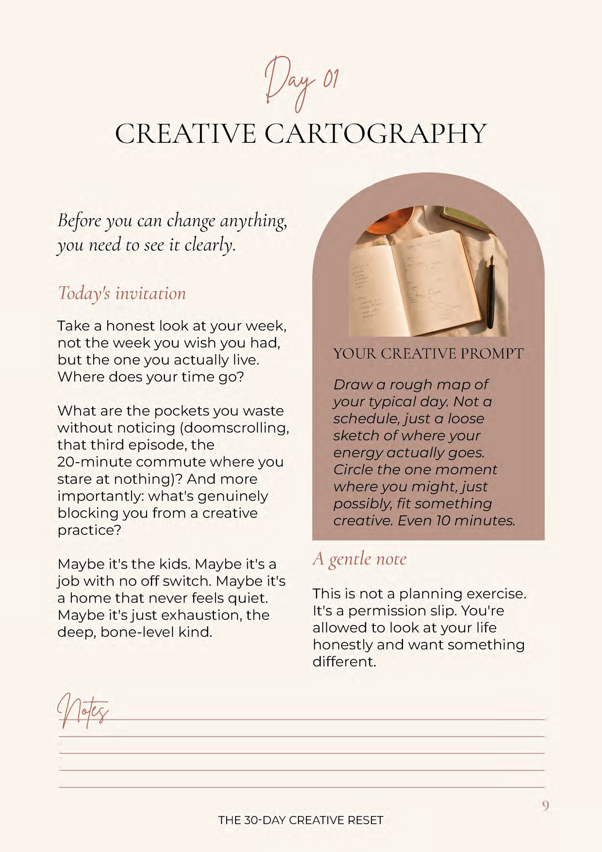 Day 1 page of the guide, Creative Cartography, with its invitation and creative prompt