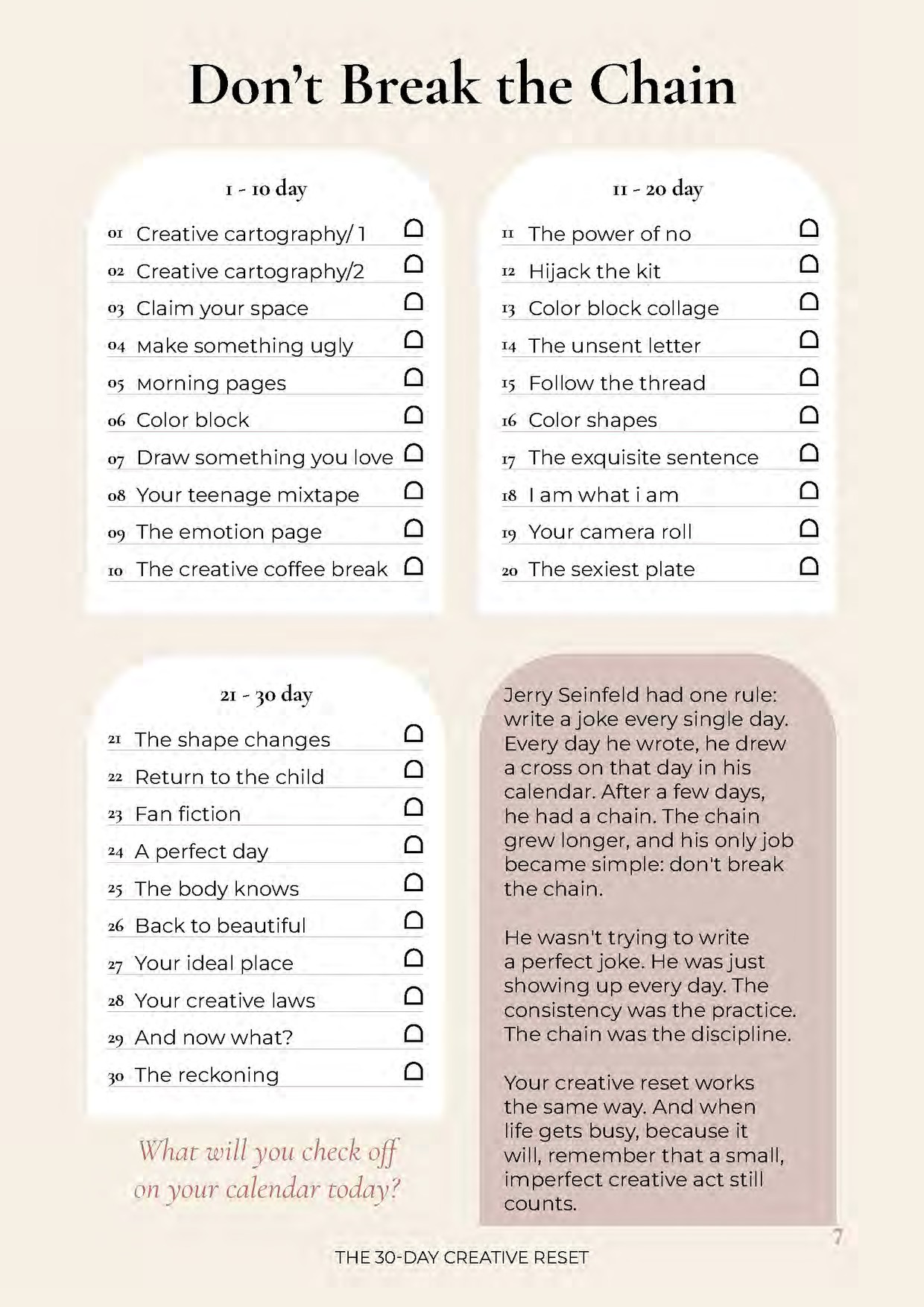 The 30-day tracker page, Don't Break the Chain, with numbered circles to check off